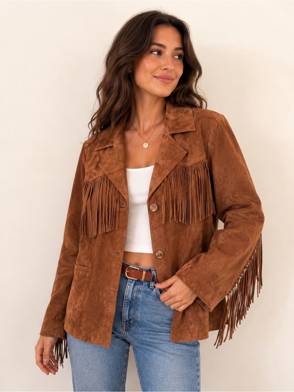 Vintage Suede Fringe Western Jacket Brown Leather Boho Cowgirl Rodeo Festival M - Picture 13 of 13